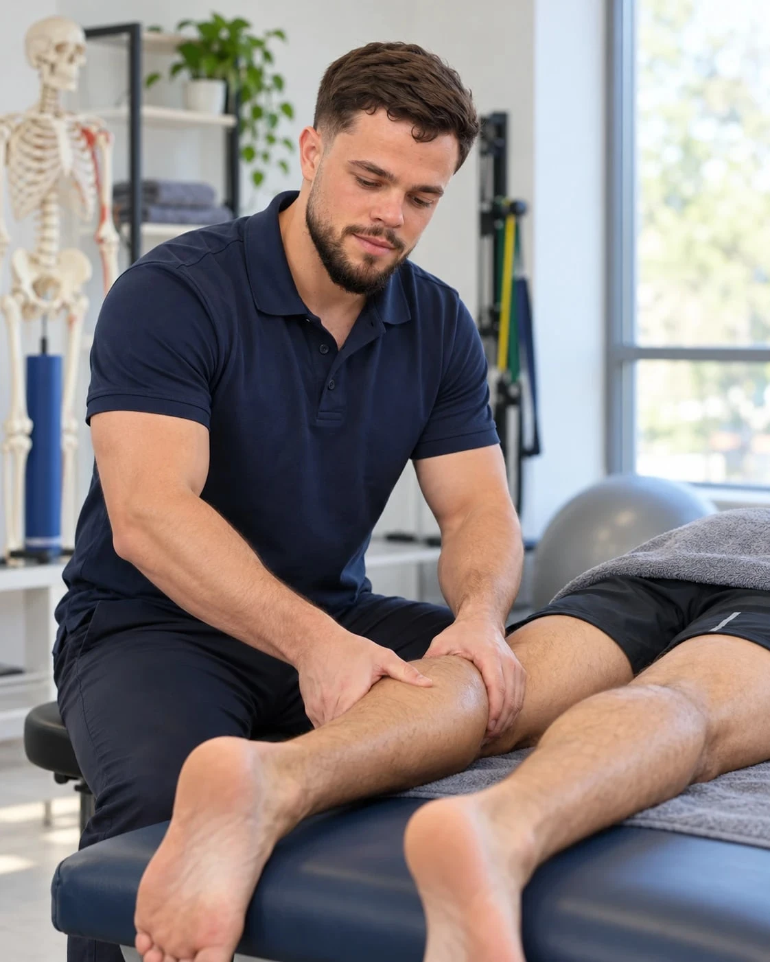 Fisioterapeuta faz terapia manual na perna de um paciente deitado na maca